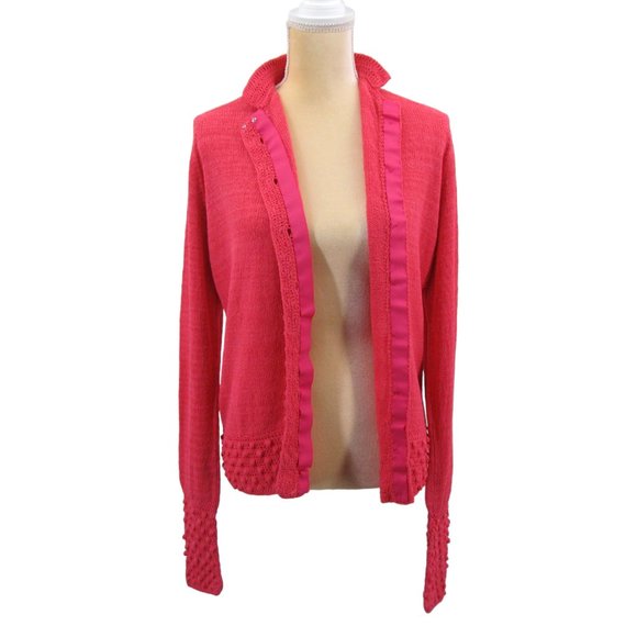 Handknit Cardigan Raised Popcorn Design Trim Bright Rose Womens Button Up L / XL - Picture 7 of 15